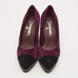 Pre Owned حذاء كعب ع الي شانيل جلد وغروجرين أسود/فضي غطاء مقدمة مقاس 36