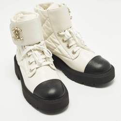 Pre Owned Chanel CC Size 41 White/Black Quilted Leather Combat Boots