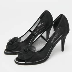 Pre Owned Chanel Camelia Size 37 Black Net Peep Toe Pumps