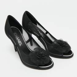 Pre Owned Chanel Camelia Size 37 Black Net Peep Toe Pumps