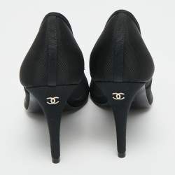 Pre Owned Chanel Camelia Size 37 Black Net Peep Toe Pumps