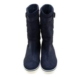 Chanel Blue Textured Quilted Leather Mid Calf Boots Size 38