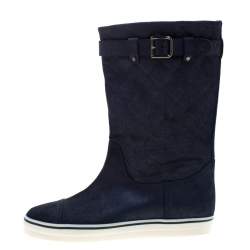 Chanel Blue Textured Quilted Leather Mid Calf Boots Size 38