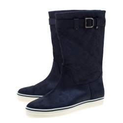 Chanel Blue Textured Quilted Leather Mid Calf Boots Size 38