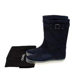 Chanel Blue Textured Quilted Leather Mid Calf Boots Size 38