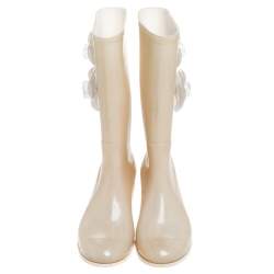 Chanel Cream Glitter Rubber CC Camellia Rain Boots Size 37