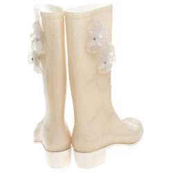 Chanel Cream Glitter Rubber CC Camellia Rain Boots Size 37