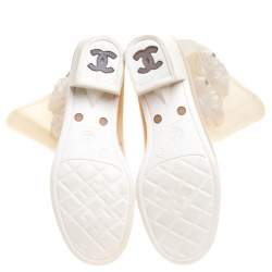Chanel Cream Glitter Rubber CC Camellia Rain Boots Size 37