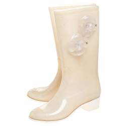 Chanel Cream Glitter Rubber CC Camellia Rain Boots Size 37