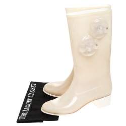 Chanel Cream Glitter Rubber CC Camellia Rain Boots Size 37