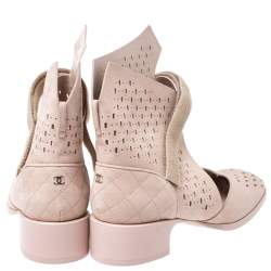 Chanel Beige Laser Cut Suede Velcro Ankle Boots Size 39.5