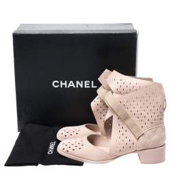 Chanel Beige Laser Cut Suede Velcro Ankle Boots Size 39.5