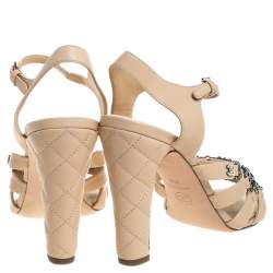 Chanel Beige Leather Reissue Chain Detail Quilted Heel Ankle Strap Sandals Size 41