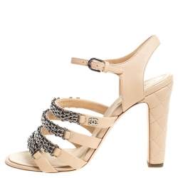 Chanel Beige Leather Reissue Chain Detail Quilted Heel Ankle Strap Sandals Size 41