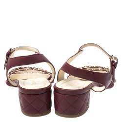 Chanel Burgundy Leather Chain Ankle Strap Block Heel Sandals Size 41.5