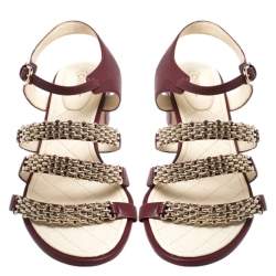 Chanel Burgundy Leather Chain Ankle Strap Block Heel Sandals Size 41.5