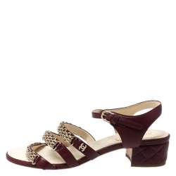 Chanel Burgundy Leather Chain Ankle Strap Block Heel Sandals Size 41.5