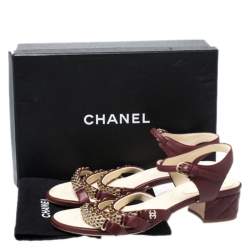 Chanel Burgundy Leather Chain Ankle Strap Block Heel Sandals Size 41.5