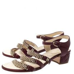 Chanel Burgundy Leather Chain Ankle Strap Block Heel Sandals Size 41.5
