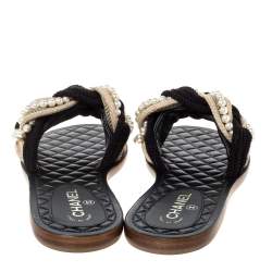 Pre Owned Chanel Two Tone Rope With Faux Pearls Cuba Flat Slide Size 41