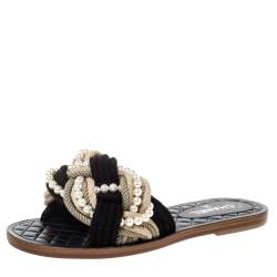 Pre Owned Chanel Two Tone Rope With Faux Pearls Cuba Flat Slide Size 41