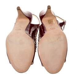 Pre Owned Chanel Burgundy Patent Leather Chain Open Toe Slingback Sandals Size 39