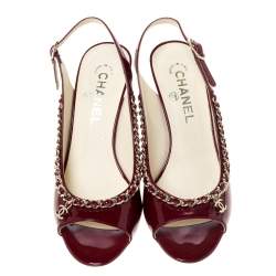 Pre Owned Chanel Burgundy Patent Leather Chain Open Toe Slingback Sandals Size 39