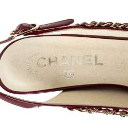 Pre Owned Chanel Burgundy Patent Leather Chain Open Toe Slingback Sandals Size 39