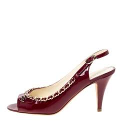 Pre Owned Chanel Burgundy Patent Leather Chain Open Toe Slingback Sandals Size 39