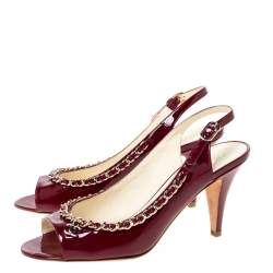 Pre Owned Chanel Burgundy Patent Leather Chain Open Toe Slingback Sandals Size 39