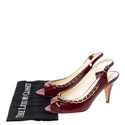 Pre Owned Chanel Burgundy Patent Leather Chain Open Toe Slingback Sandals Size 39
