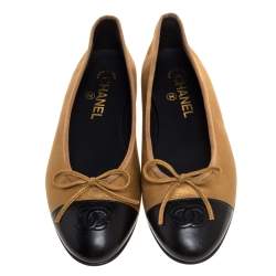 Chanel Gold/Black Leather Bow CC Cap Toe Ballet Flats Size 38.5