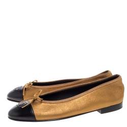 Chanel Gold/Black Leather Bow CC Cap Toe Ballet Flats Size 38.5