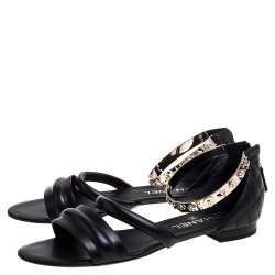 Pre Owned Chanel Black Quilted Leather Embellished Ankle Cuff Flat Sandals Size 39