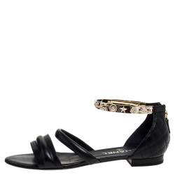Pre Owned Chanel Black Quilted Leather Embellished Ankle Cuff Flat Sandals Size 39