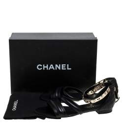 Pre Owned Chanel Black Quilted Leather Embellished Ankle Cuff Flat Sandals Size 39