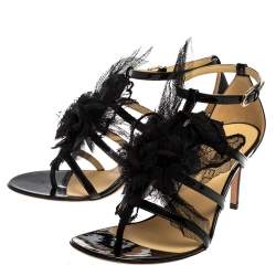 مملوكة مسبقًا Chanel Black Patent Leather And Mesh Camellia Ankle Strap Sandals Size 37