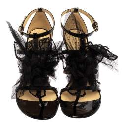 مملوكة مسبقًا Chanel Black Patent Leather And Mesh Camellia Ankle Strap Sandals Size 37
