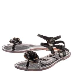 Pre Owned Chanel Black/White Jelly Camellia Flower Ankle Strap Sandals Size 41