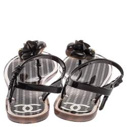 Pre Owned Chanel Black/White Jelly Camellia Flower Ankle Strap Sandals Size 41