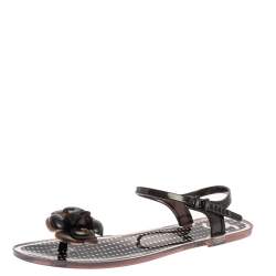 Pre Owned Chanel Black/White Jelly Camellia Flower Ankle Strap Sandals Size 41