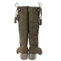 Chanel Green Suede Embroidered Tassel Knee Length Block Heel Boots Size 39
