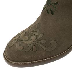 Chanel Green Suede Embroidered Tassel Knee Length Block Heel Boots Size 39