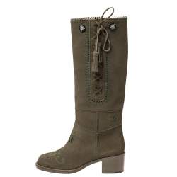 Chanel Green Suede Embroidered Tassel Knee Length Block Heel Boots Size 39