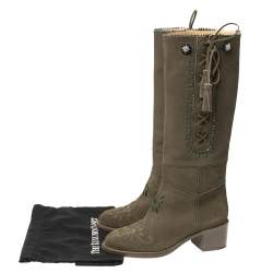 Chanel Green Suede Embroidered Tassel Knee Length Block Heel Boots Size 39