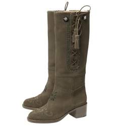 Chanel Green Suede Embroidered Tassel Knee Length Block Heel Boots Size 39