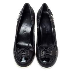 Pre Owned Chanel Black Leather Loafer Block Heel Pumps Size 37