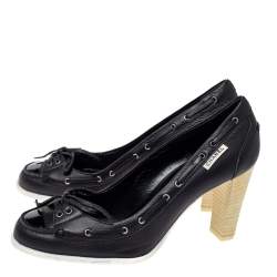 Pre Owned Chanel Black Leather Loafer Block Heel Pumps Size 37