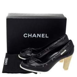 Pre Owned Chanel Black Leather Loafer Block Heel Pumps Size 37