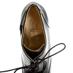 Chanel Black Patent Leather CC Lace Up Derby Booties Size 37